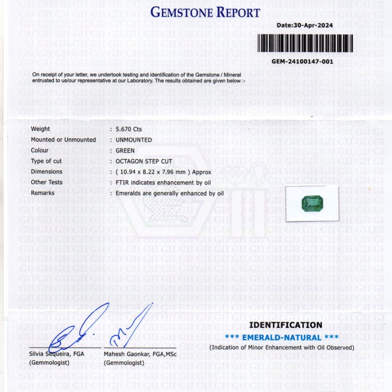 5.67 Ct GII Certified Untreated Natural Zambian Emerald Panna AAAA 5.67 Ct GII Certified Untreated Natural Zambian Emerald Panna AAAA