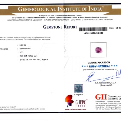 5.67 Ct GII Certified Unheated Untreated Natural Madagaskar Ruby