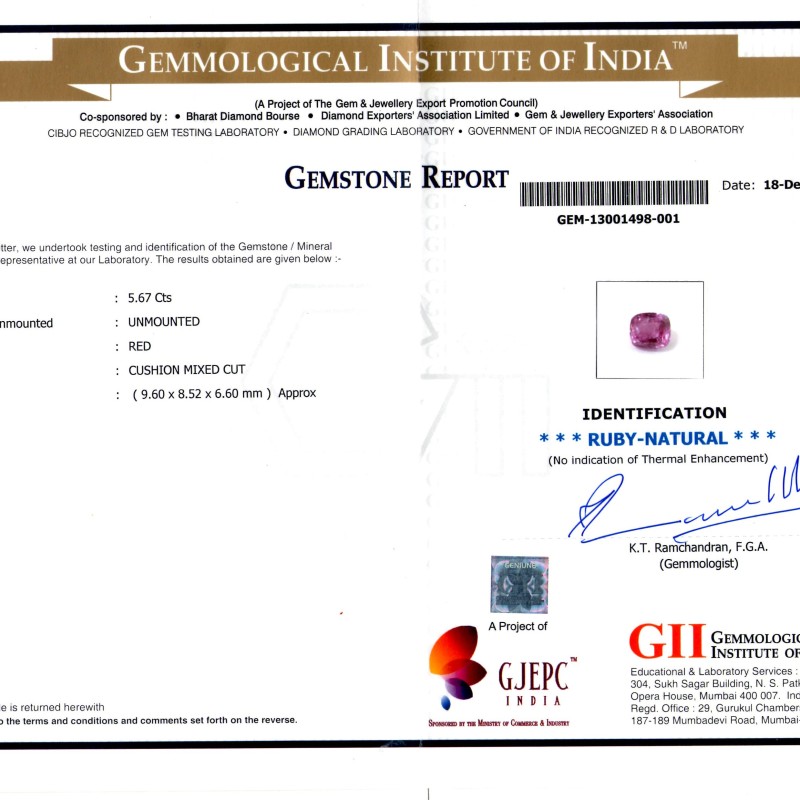 5.67 Ct GII Certified Unheated Untreated Natural Madagaskar Ruby