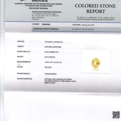 5.67 Ct IGI Certified Unheated Untreted Natural Ceylon Yellow Sapphire 5.67 Ct IGI Certified Unheated Untreted Natural Ceylon Yellow Sapphire
