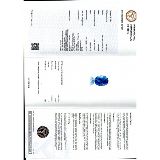 5.68 Ct IGI Certified Unheated Untreated Natural Ceylon Blue Sapphire AA