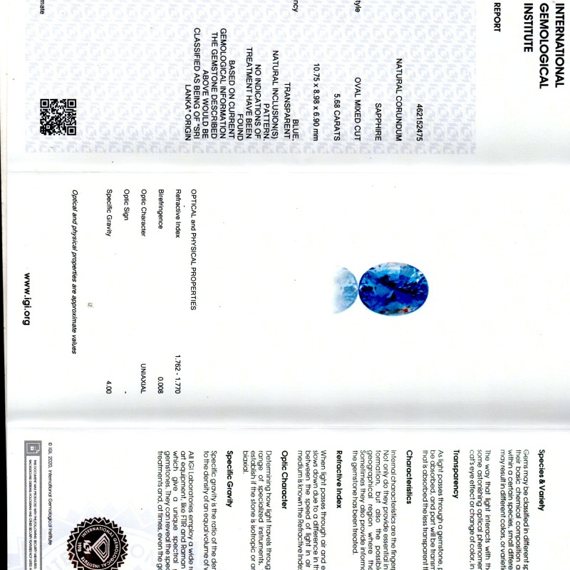 5.68 Ct IGI Certified Unheated Untreated Natural Ceylon Blue Sapphire AA 5.68 Ct IGI Certified Unheated Untreated Natural Ceylon Blue Sapphire AA