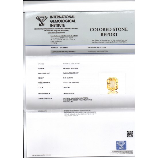 5.68 Ct IGI Certified Unheated Untreated Natural Ceylon Yellow Sapphire