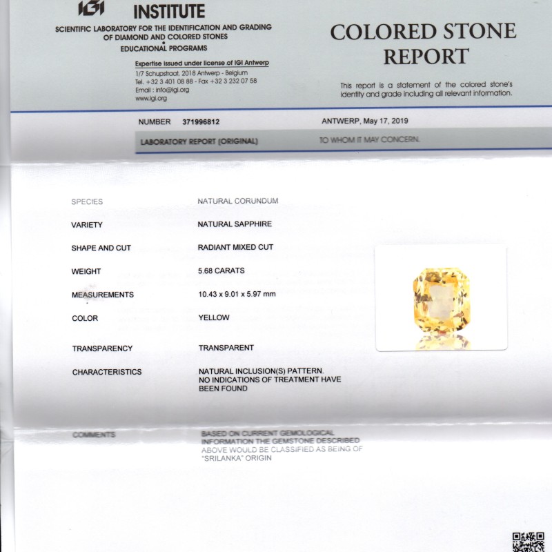 5.68 Ct IGI Certified Unheated Untreated Natural Ceylon Yellow Sapphire 5.68 Ct IGI Certified Unheated Untreated Natural Ceylon Yellow Sapphire
