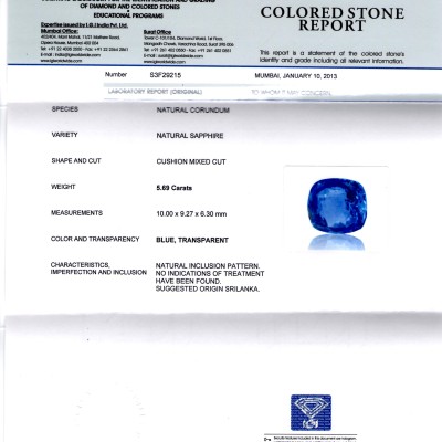 5.69 Ct IGI Certified Unheated Untreated Natural Ceylon Blue Sapphire 5.69 Ct IGI Certified Unheated Untreated Natural Ceylon Blue Sapphire
