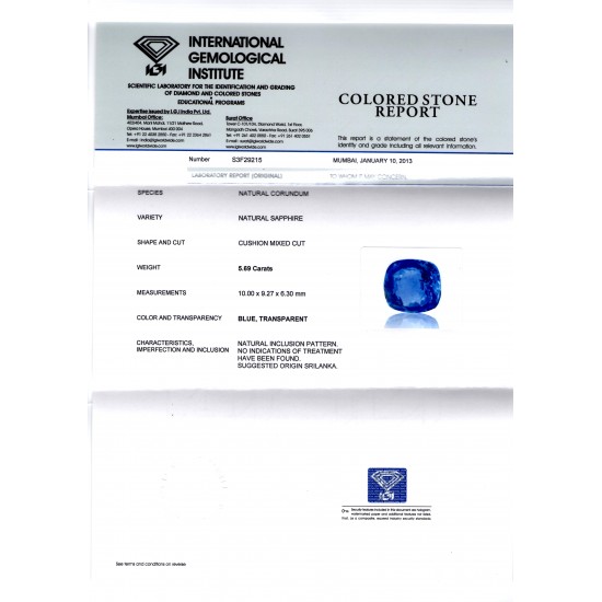 5.69 Ct IGI Certified Unheated Untreated Natural Ceylon Blue Sapphire