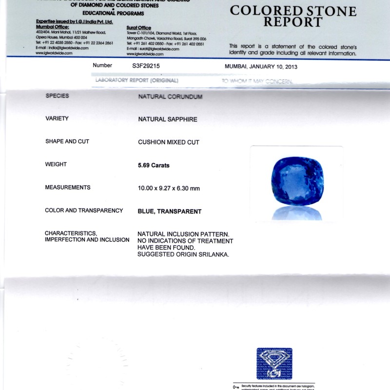 5.69 Ct IGI Certified Unheated Untreated Natural Ceylon Blue Sapphire 5.69 Ct IGI Certified Unheated Untreated Natural Ceylon Blue Sapphire
