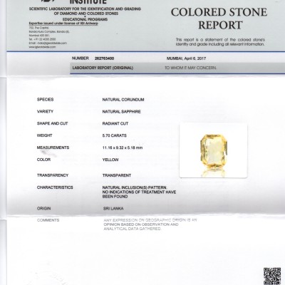 5.70 Ct IGI Certified Unheated Untreated Natural Ceylon Yellow Sapphire 5.70 Ct IGI Certified Unheated Untreated Natural Ceylon Yellow Sapphire