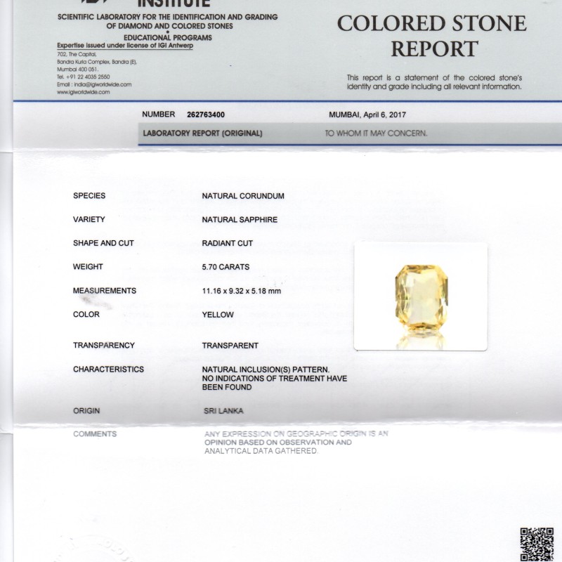 5.70 Ct IGI Certified Unheated Untreated Natural Ceylon Yellow Sapphire 5.70 Ct IGI Certified Unheated Untreated Natural Ceylon Yellow Sapphire