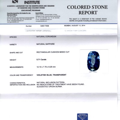 5.71 Ct IGI Certified Unheated Untreated Natural Burma Blue Sapphire 5.71 Ct IGI Certified Unheated Untreated Natural Burma Blue Sapphire