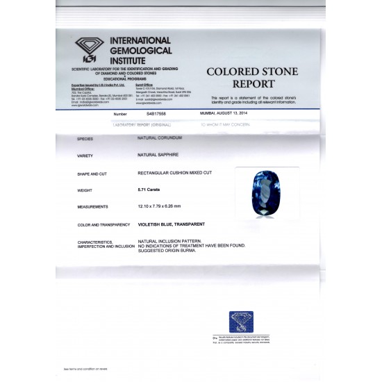 5.71 Ct IGI Certified Unheated Untreated Natural Burma Blue Sapphire