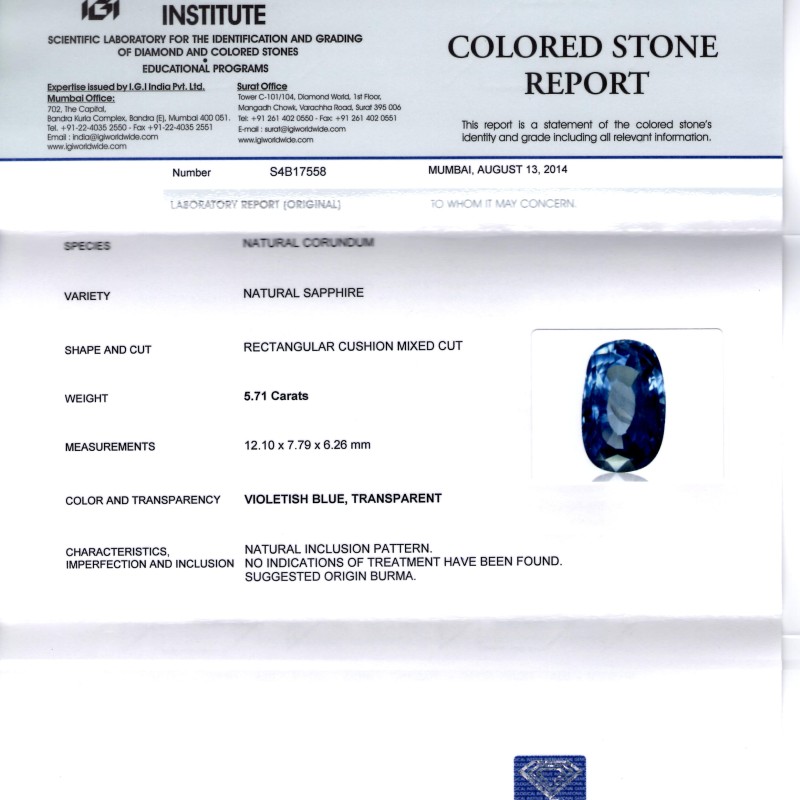 5.71 Ct IGI Certified Unheated Untreated Natural Burma Blue Sapphire 5.71 Ct IGI Certified Unheated Untreated Natural Burma Blue Sapphire