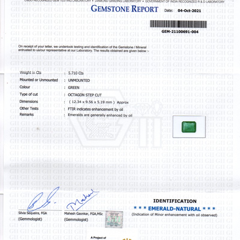 5.71 Ct GII Certified Untreated Natural Zambian Emerald Gemstone AAA 5.71 Ct GII Certified Untreated Natural Zambian Emerald Gemstone AAA