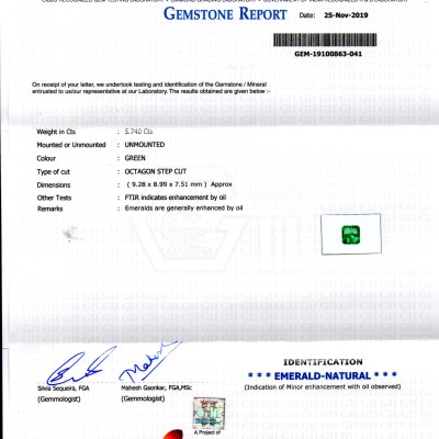 5.74 Ct GII Certified Untreated Natural Zambian Emerald Gems AAAAA 5.74 Ct GII Certified Untreated Natural Zambian Emerald Gems AAAAA