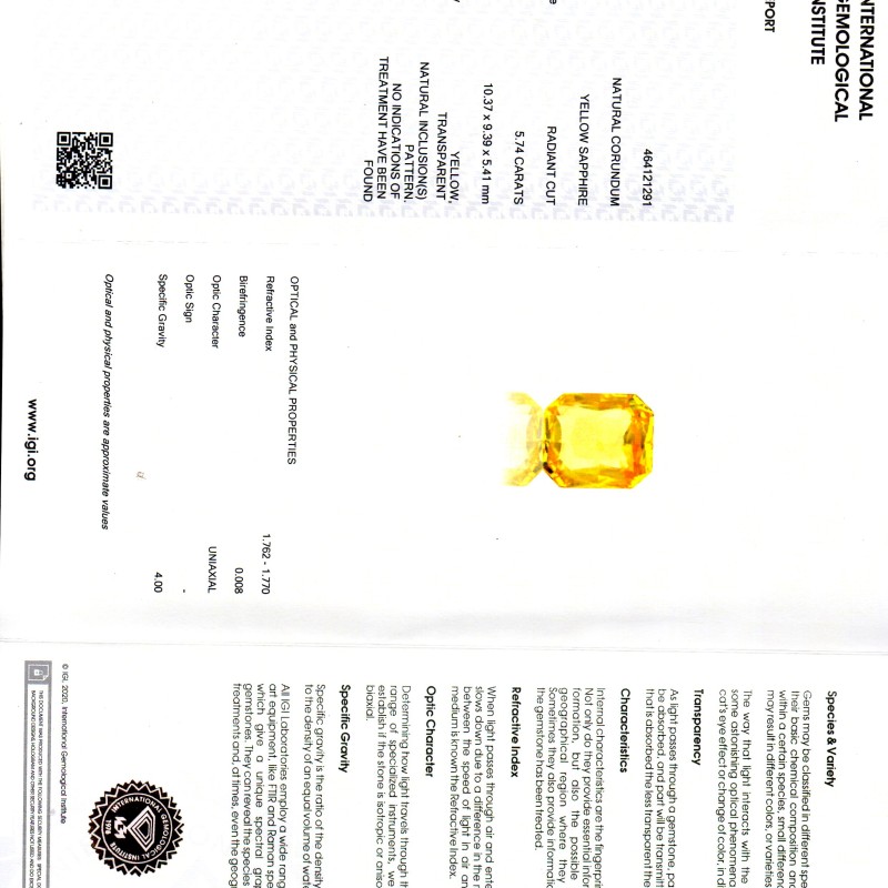 5.74 Ct IGI Certified Unheated Untreated Natural Ceylon Yellow Sapphire AAA 5.74 Ct IGI Certified Unheated Untreated Natural Ceylon Yellow Sapphire AAA