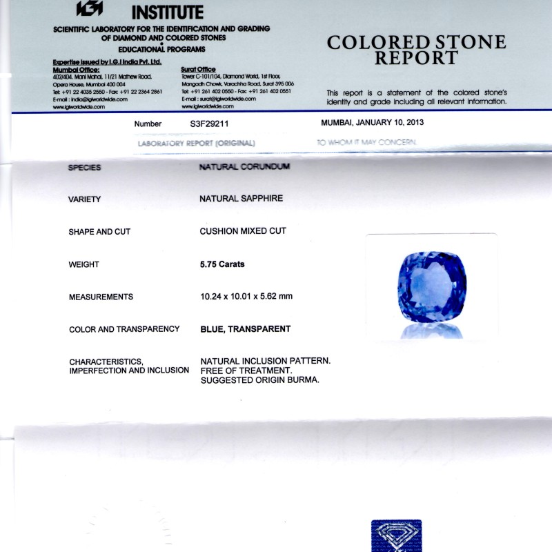 5.75 Ct IGI Cerified Unheated Untreated Natural Burma Blue Sapphire 5.75 Ct IGI Cerified Unheated Untreated Natural Burma Blue Sapphire