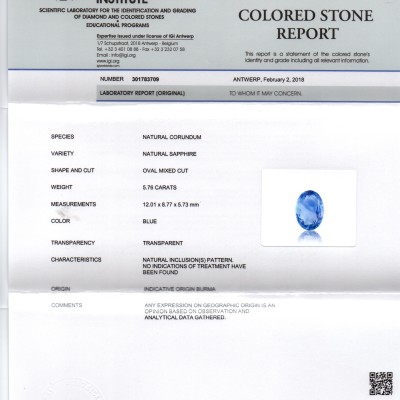 5.76 Ct IGI Certified Unheated Untreated Natural Burma Blue Sapphire AA 5.76 Ct IGI Certified Unheated Untreated Natural Burma Blue Sapphire AA