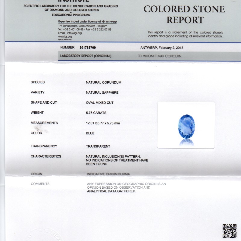 5.76 Ct IGI Certified Unheated Untreated Natural Burma Blue Sapphire AA 5.76 Ct IGI Certified Unheated Untreated Natural Burma Blue Sapphire AA