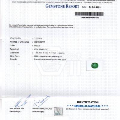 5.77 Ct GII Certified Untreated Natural Zambian Emerald Gemstone AAA