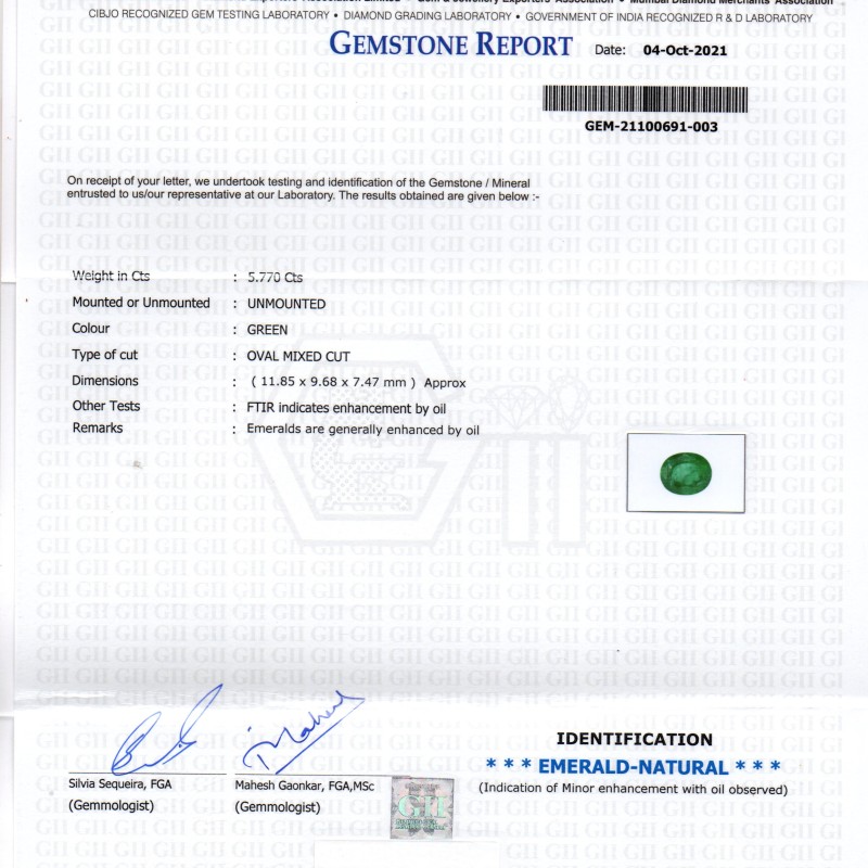 5.77 Ct GII Certified Untreated Natural Zambian Emerald Gemstone AAA