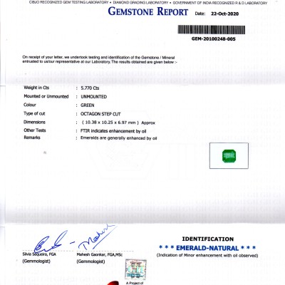 5.77 Ct GII Certified Untreated Natural Zambian Emerald Gems AAA
