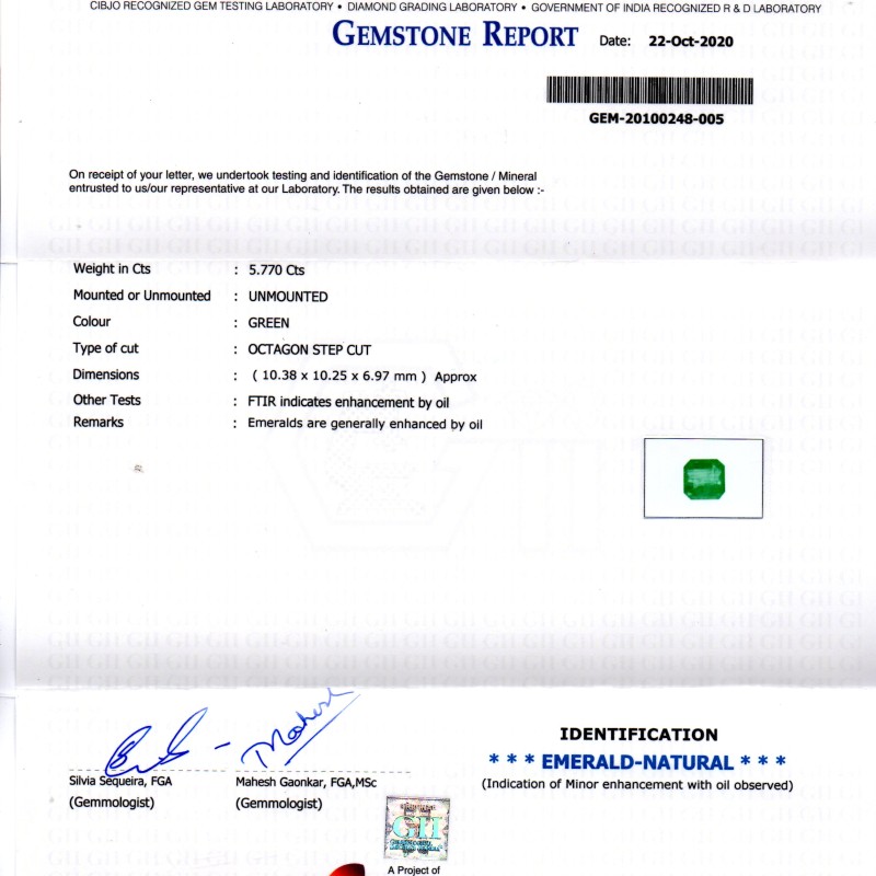 5.77 Ct GII Certified Untreated Natural Zambian Emerald Gems AAA