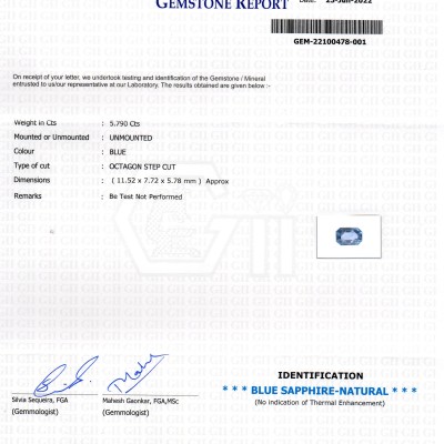 5.79 Ct GII Certified Unheated Untreated Natural Ceylon Blue Sapphire