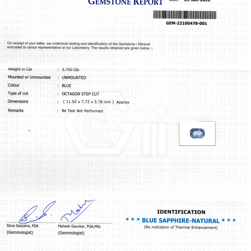 5.79 Ct GII Certified Unheated Untreated Natural Ceylon Blue Sapphire