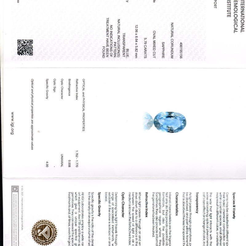 5.79 Ct IGI Certified Unheated Untreated Natural Ceylon Blue Sapphire 5.79 Ct IGI Certified Unheated Untreated Natural Ceylon Blue Sapphire