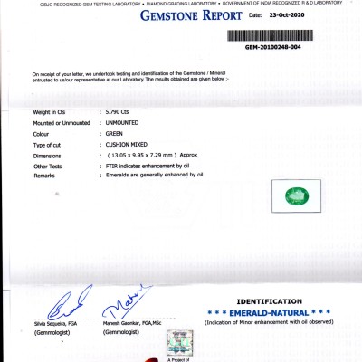 5.79 Ct GII Certified Untreated Natural Zambian Emerald Gems AAA 5.79 Ct GII Certified Untreated Natural Zambian Emerald Gems AAA