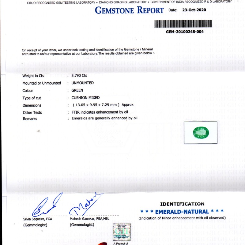 5.79 Ct GII Certified Untreated Natural Zambian Emerald Gems AAA 5.79 Ct GII Certified Untreated Natural Zambian Emerald Gems AAA