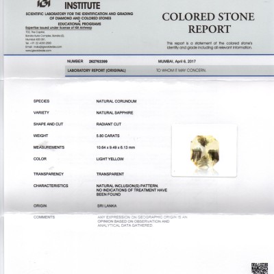 5.80 Ct IGI Certified Unheated Untreated Natural Ceylon Yellow Sapphire 5.80 Ct IGI Certified Unheated Untreated Natural Ceylon Yellow Sapphire