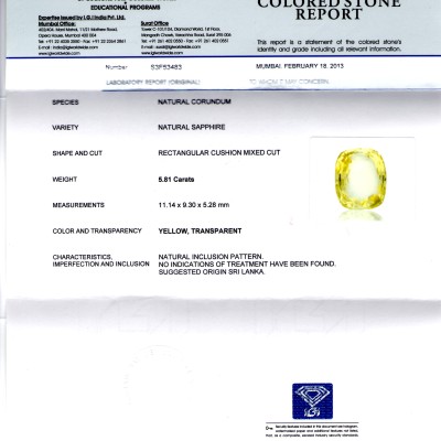 5.81 Ct IGI Certified Unheated Natural Ceylon Yellow Sapphirej 5.81 Ct IGI Certified Unheated Natural Ceylon Yellow Sapphirej
