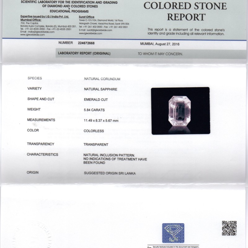 5.84 Ct IGI Certified Unheated Untreated Natural Ceylon White Sapphire AAAA 5.84 Ct IGI Certified Unheated Untreated Natural Ceylon White Sapphire AAAA