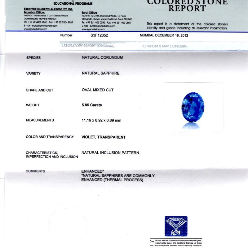 5.85 Ct IGI Certified Untreated Natural Ceylon Blue Sapphire AAA 5.85 Ct IGI Certified Untreated Natural Ceylon Blue Sapphire AAA