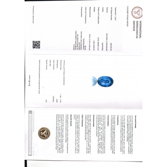 5.85 Ct IGI Certified Unheated Untreated Natural Ceylon Blue Sapphire