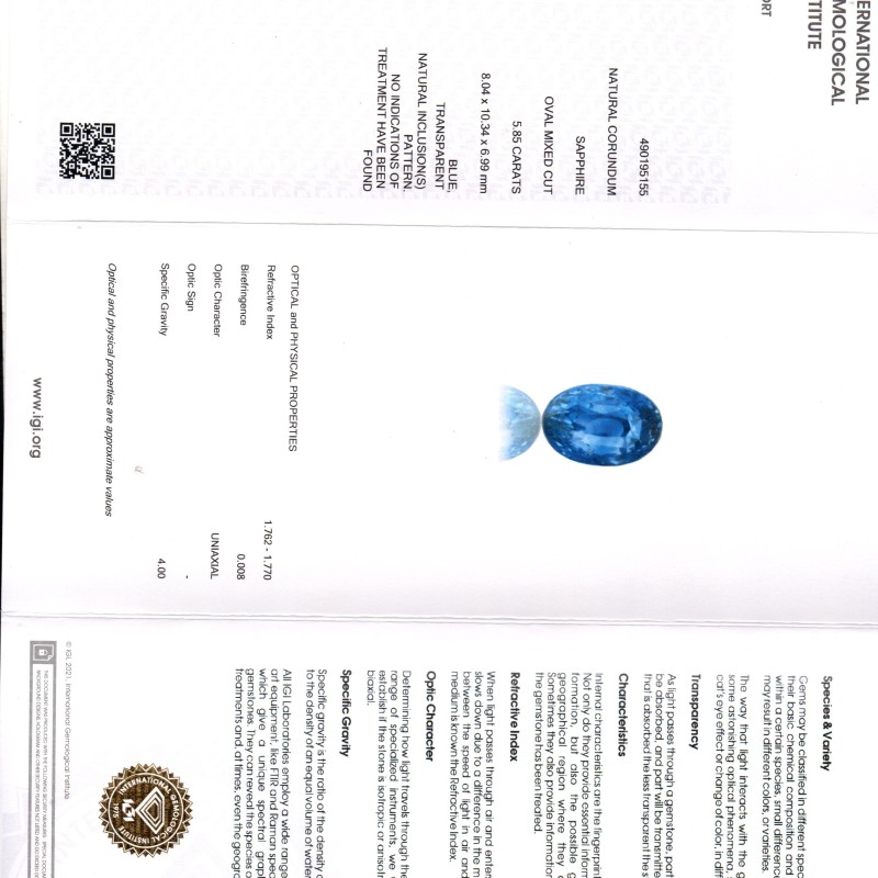 5.85 Ct IGI Certified Unheated Untreated Natural Ceylon Blue Sapphire 5.85 Ct IGI Certified Unheated Untreated Natural Ceylon Blue Sapphire