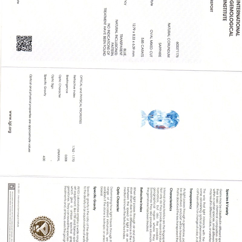 5.85 Ct IGI Certified Unheated Untreated Natural Ceylon Blue Sapphire 5.85 Ct IGI Certified Unheated Untreated Natural Ceylon Blue Sapphire