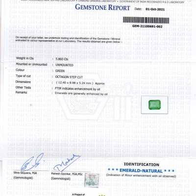 5.86 Ct GII Certified Untreated Natural Zambian Emerald Gemstone AAA 5.86 Ct GII Certified Untreated Natural Zambian Emerald Gemstone AAA
