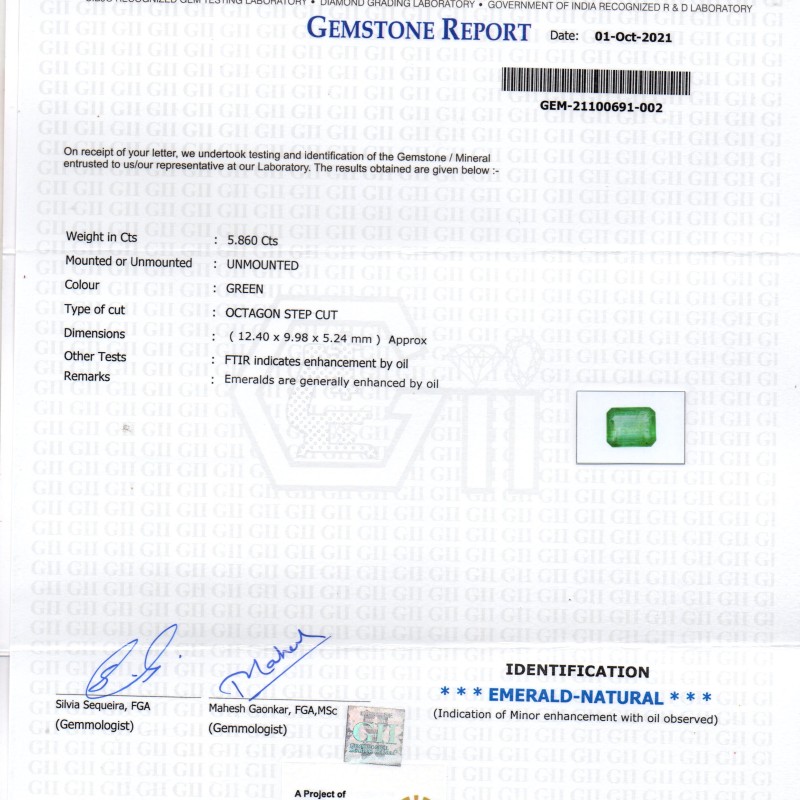 5.86 Ct GII Certified Untreated Natural Zambian Emerald Gemstone AAA 5.86 Ct GII Certified Untreated Natural Zambian Emerald Gemstone AAA