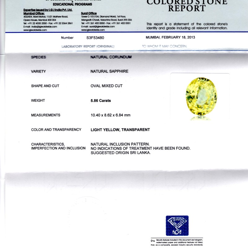 5.86 Ct Unheated Natural Ceylon Yellow Sapphire/Pukhraj IGI Certified 5.86 Ct Unheated Natural Ceylon Yellow Sapphire/Pukhraj IGI Certified