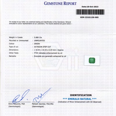 5.88 Ct GII Certified Untreated Natural Zambian Emerald Panna Gems