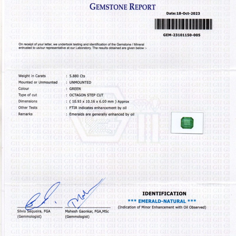 5.88 Ct GII Certified Untreated Natural Zambian Emerald Panna Gems