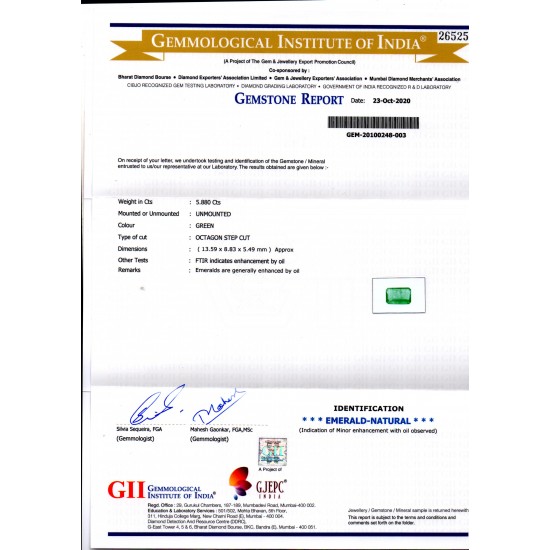 5.88 Ct GII Certified Untreated Natural Zambian Emerald Gems AA