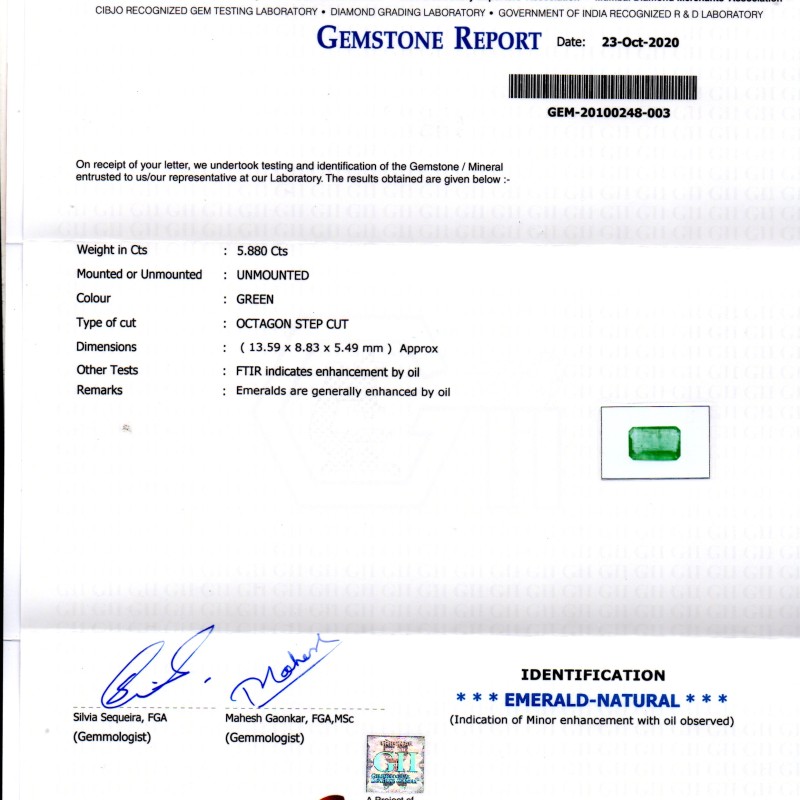 5.88 Ct GII Certified Untreated Natural Zambian Emerald Gems AA 5.88 Ct GII Certified Untreated Natural Zambian Emerald Gems AA