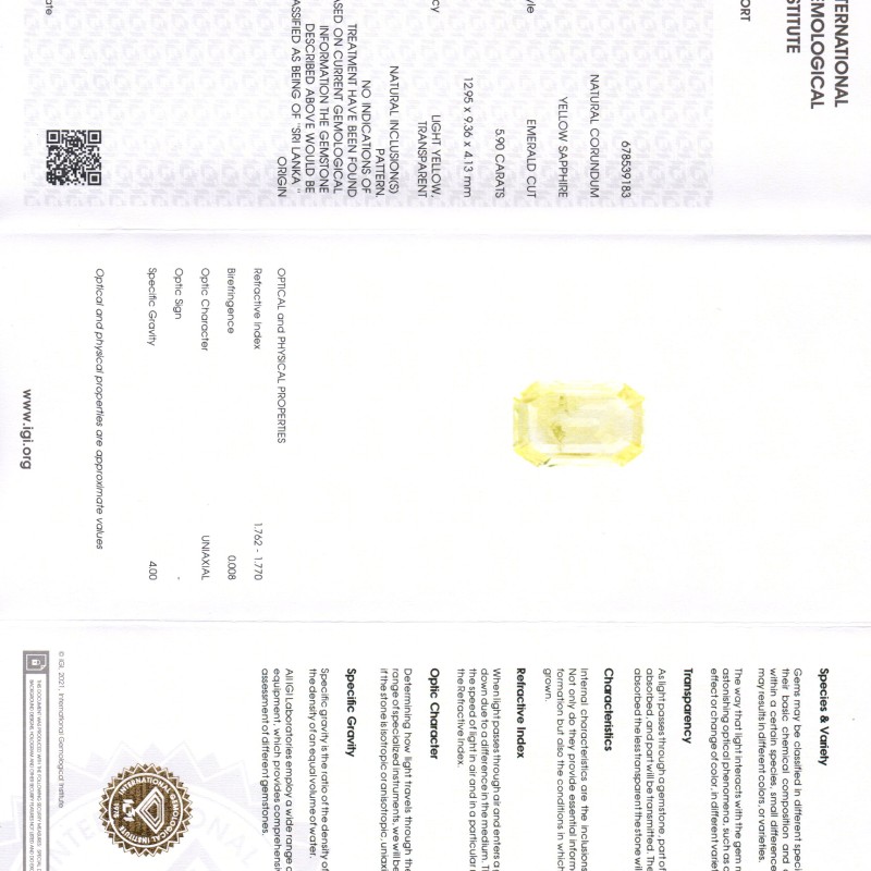 5.90 Ct IGI Certified Unheated Untreated Natural Ceylon Yellow Sapphire 5.90 Ct IGI Certified Unheated Untreated Natural Ceylon Yellow Sapphire
