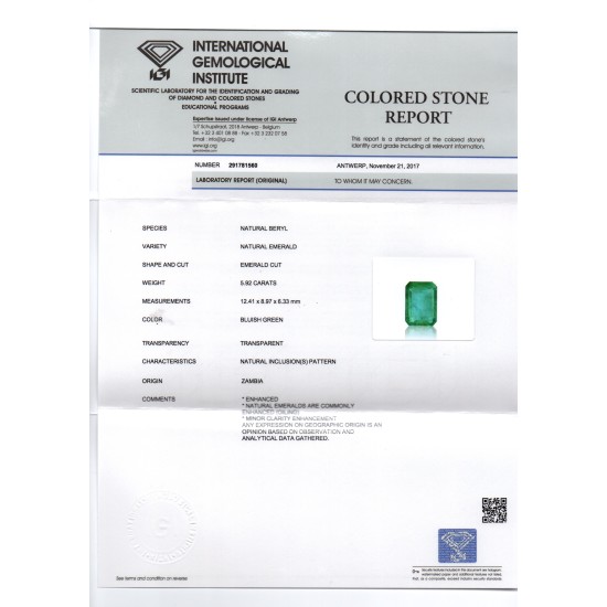 5.92 Ct Untreated Natural Zambian Emerald Gemstone Panna Stone