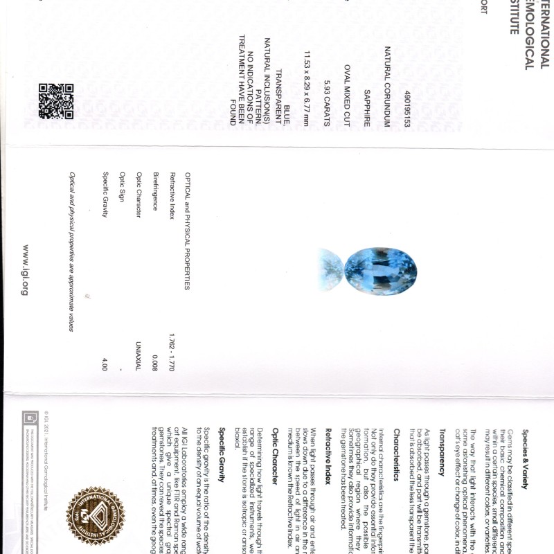 5.93 Ct IGI Certified Unheated Untreated Natural Ceylon Blue Sapphire AAA