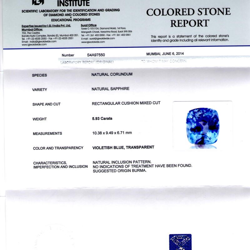 5.93 Ct IGI Certified Unheated Untreated Natural Burma Blue Sapphire 5.93 Ct IGI Certified Unheated Untreated Natural Burma Blue Sapphire