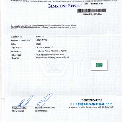 5.94 Ct GiI Certified Untreated Natural Zambian Emerald Gemstone Panna 5.94 Ct GiI Certified Untreated Natural Zambian Emerald Gemstone Panna